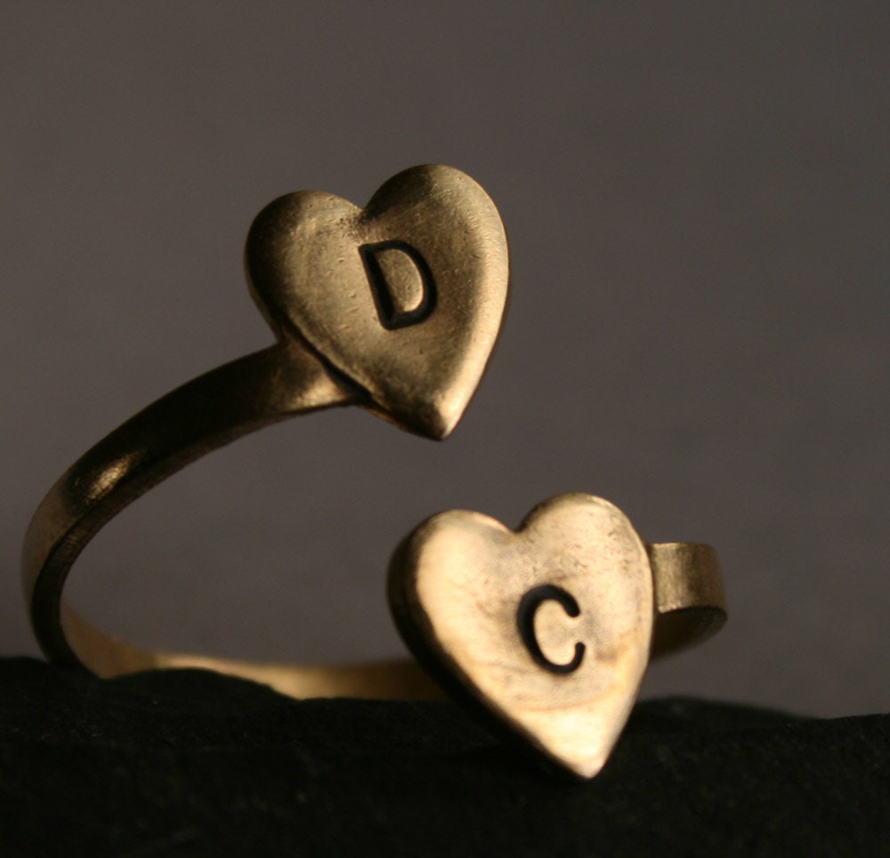 Personalized Brass Initial Ring - Two Heart Initial Ring, Custom, Personalized initials