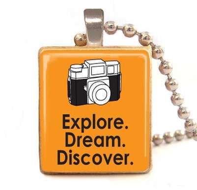 Camera Scrabble tile pendant  Explore Dream Discover  (orange) , photographer camera gift, fathers day gift,gift idea photography