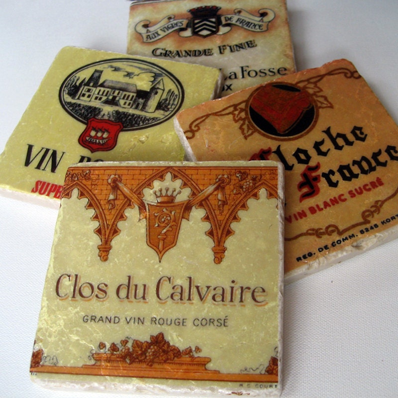 Coaster Set Vintage Wine Label set of 4