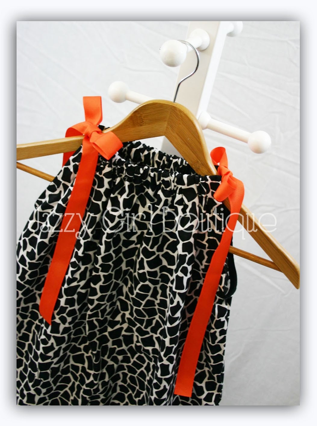 Pillowcase Dress Giraffe Print with Orange Grosgrain Ribbon Ties. Sizes 6mo, 12mo, 18mo, 2T, 3T, 4T, 5 Sizes 6, 7, 8 Three Dollars More
