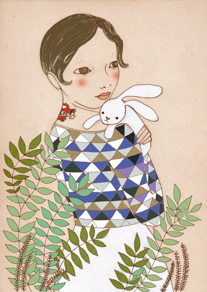 Girl with Bunny Deluxe Edition Print of original drawing