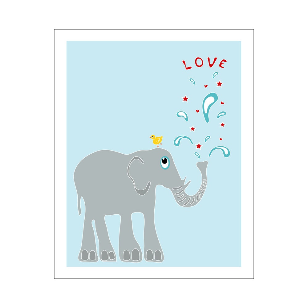 Children's Wall Art / Nursery Decor  Elephant and Yellow Love Bird 8x10 inch Poster Print