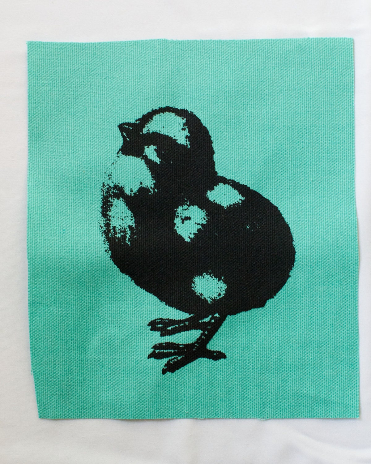 Chick Patch, screen print, silkscreen, baby chick, aqua cotton canvas fabric, steampunk