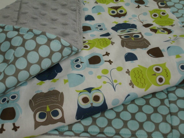 Modern Owls in Full Moon Polka Slate Baby Blanket with Minky 27 x 28 MADE TO ORDER