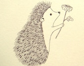 Original Ink Drawing Print Ivory Cute Hedgehog Flower Woodland Illustration 4x6 MiKa Art