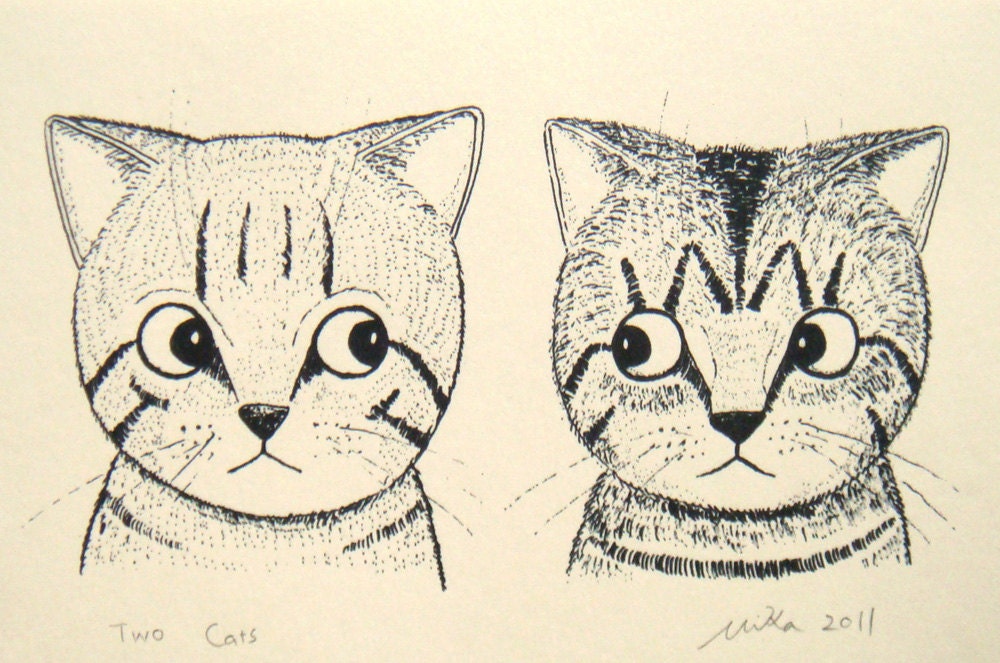 Print of Original Ink Drawing Black White Illustration Cat Kitty Tabby Funny 4x6 Wall Decor