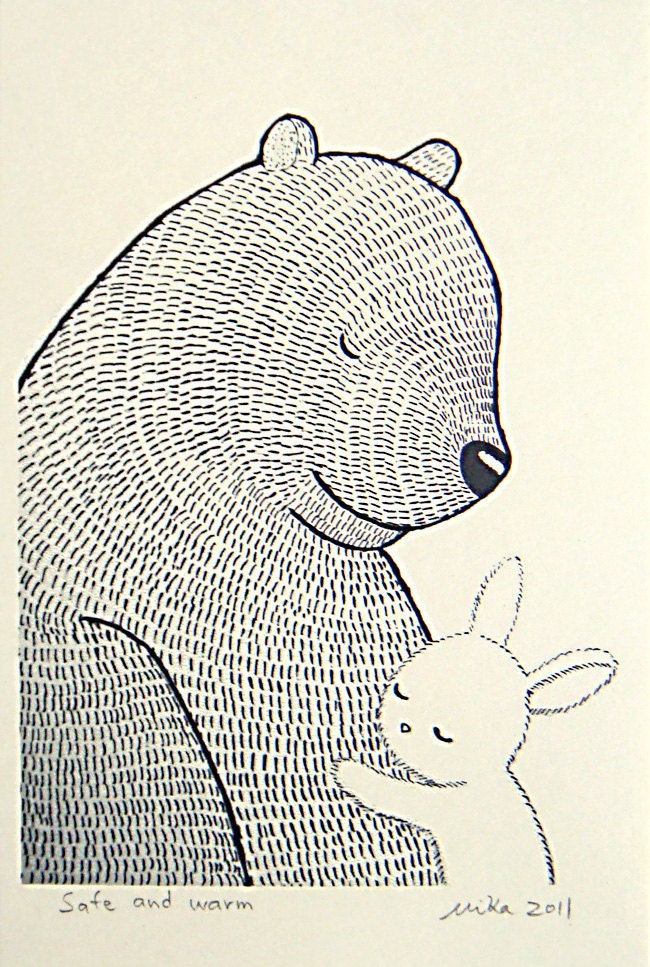Bunny Bear Print Original Ink Drawing Black White Ivory Love Illustration 4x6 MiKa Art