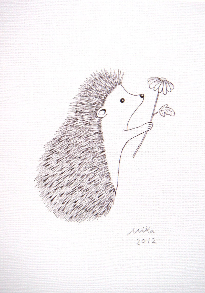 Print of Original Ink Drawing Love Illustration Hedgehog Flower Woodland Decor Black & White 5x7