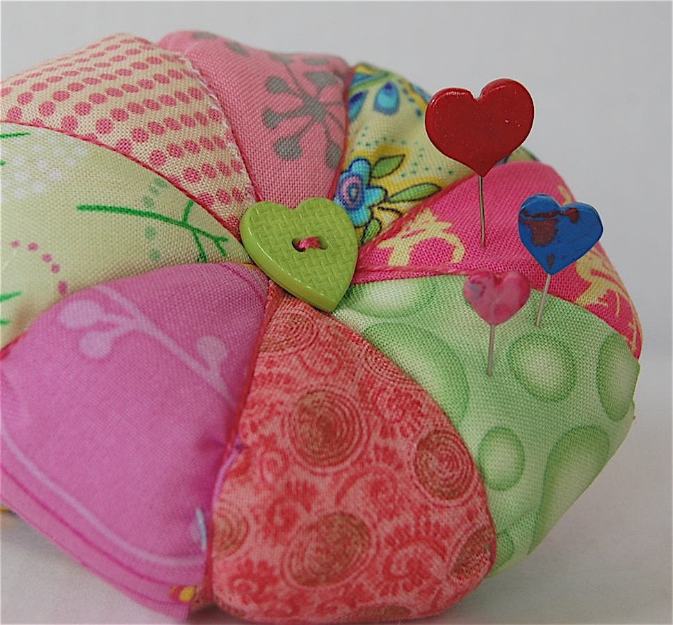 Pincushion - Pink and Green - Trees Ladybug and Heart Button