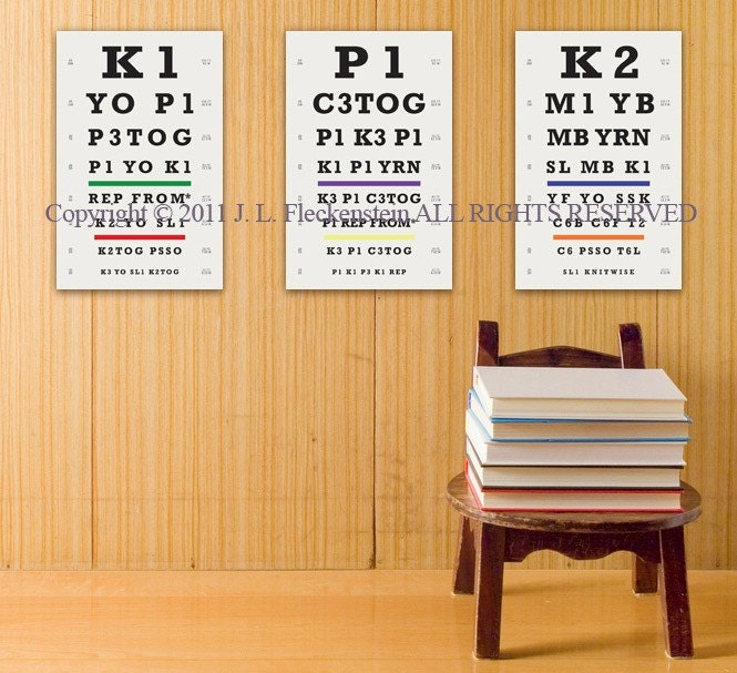 Knitter's Eye Chart (TM) Set of 3 As Seen in Vogue Knitting Fall 2011 and Interweave Knits Holiday Gifts 2011 12 x 18 Inch Prints