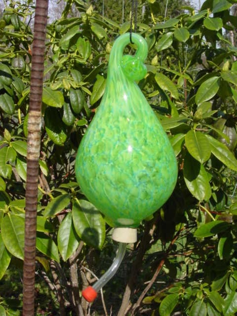 Summer Green Hand Blown Glass Hummingbird Feeder