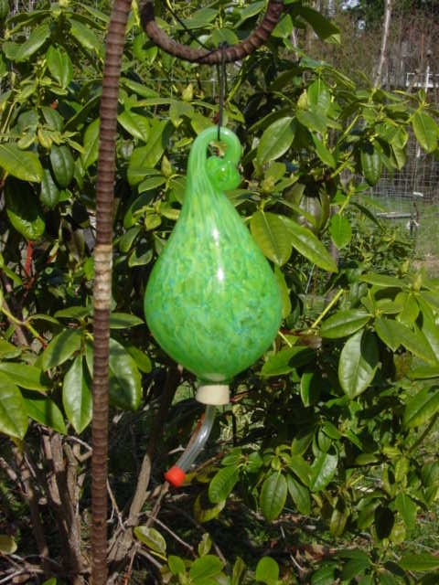 Summer Green Hand Blown Glass Hummingbird Feeder