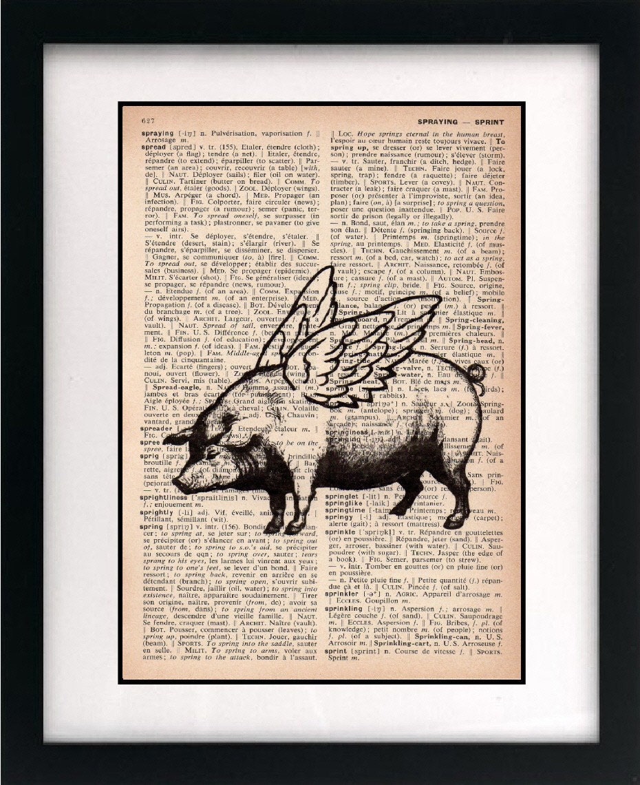 pig print - pig art print - vintage dictionary print - vintage book page print - when pigs fly - 8x10