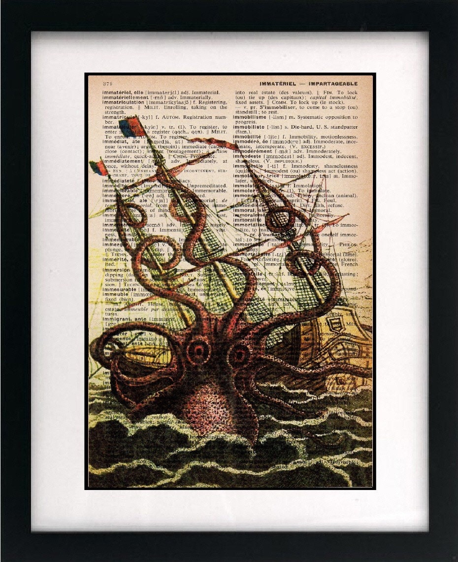 octopus print - octopus art print - vintage dictionary print - octopus home decor - octopus attacking ship illustration