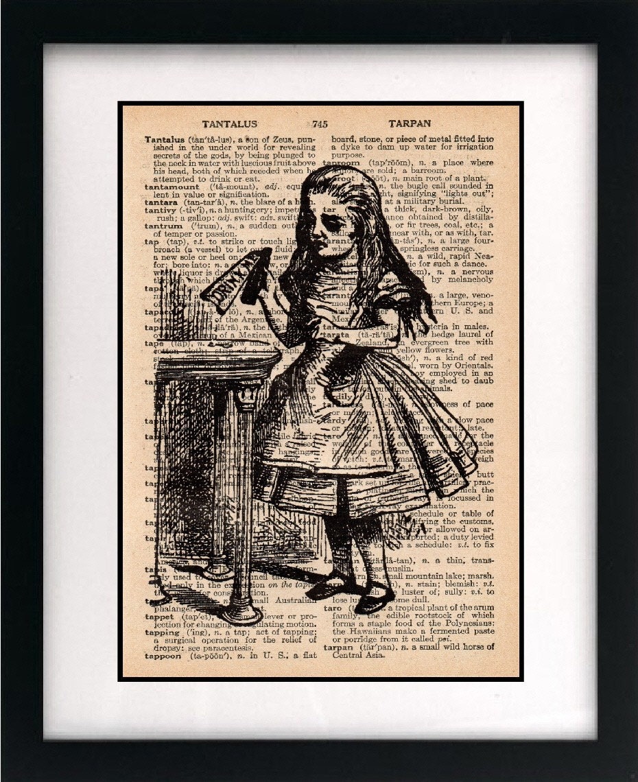 alice in wonderland vintage art print - vintage dictionary print - book page print - unique recycled, upcycled art - 8x10