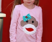 assorted colors / SHORT  or LONG sleeve -- Girls Custom Sock Monkey  T-shirt  SIZES 6-12-18-24 month  2-3-4-5-6-7-8