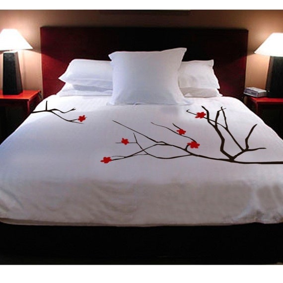 Cherry Blossoms Handpainted Duvet with Shams - King Size