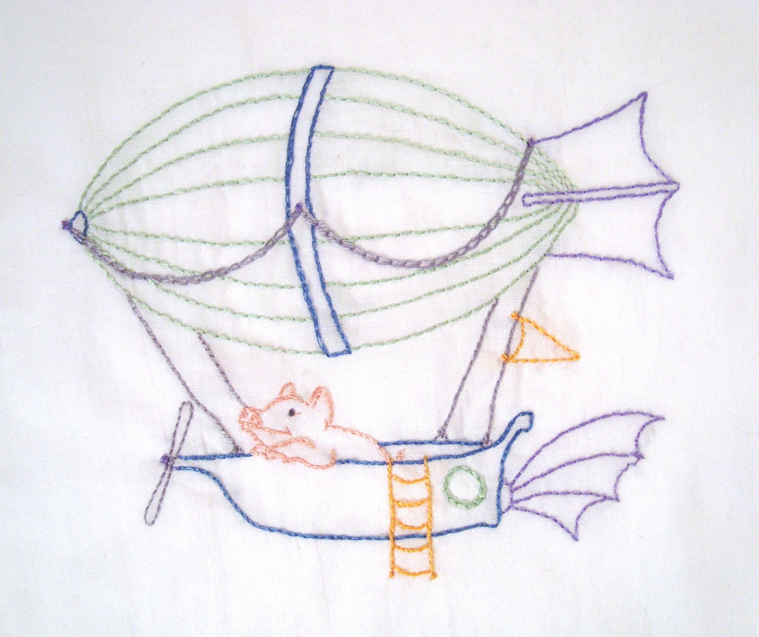 Flying Pig in Zeppelin Airship Hand Embroidery Pattern PDF