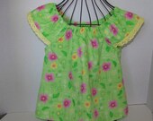 Girls Peasant Blouse or Childs Dress Green with Pink Flowers  Kids Blouse with Yellow Eyelet Trim