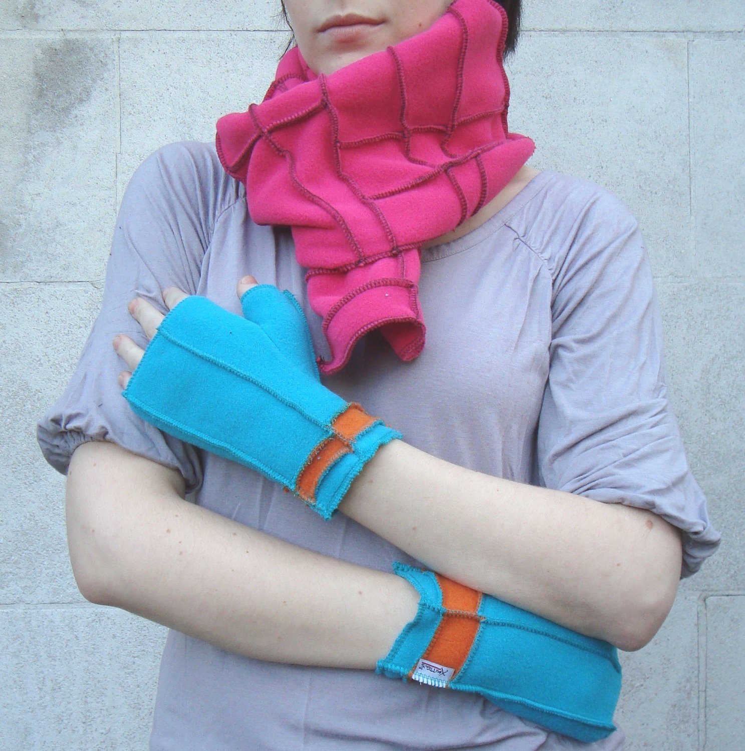 Teal Blue Striped Mittens, Fingerless Xmittens Gloves, Orange Stripe, Multicolored stitches, size MEDIUM