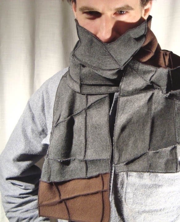 Gray and Brown Scarf, vegan, Recycled Fleece, black thread details, made by xmittens on etsy