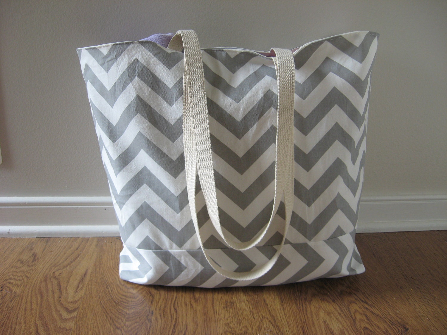 Large Beach Tote, Chevron Beach Bag, chevron tote bag Grey