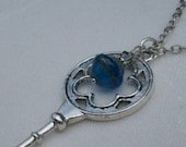 Large Skeleton Key Blue Czech Glass KEEPER Necklace Swarovski Pearl,Crystal