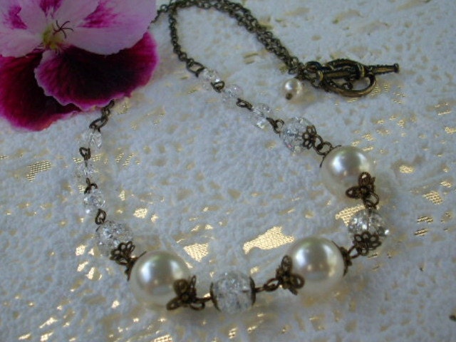 Swarovski Glass Pearl Antiqued Brass Heirloom Necklace