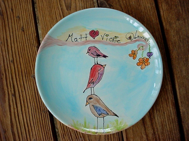 Custom family plate personalized and birds in your choice of colors baby shower and more