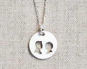 Laser Cut Silhouette Necklace - Wedding Jewelry - 1 charm - Silver Charm, 2 Silhouettes, Bride and Groom Profiles