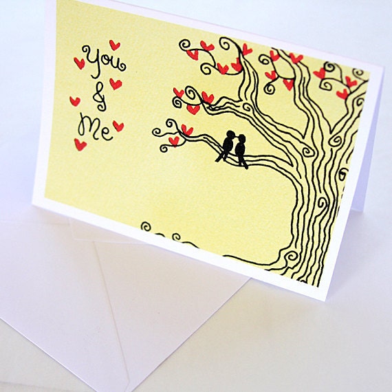 Valentines Day Card. I Love You Card. Anniversary Card. You and Me: Lovebirds. Lime, Red, Black.