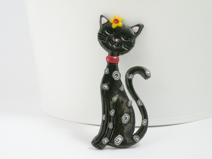 Black Cat Brooch with yellow flower hair pin