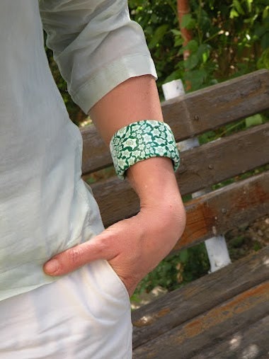 Green Cuff, Bracelet - Green Flower Bangle