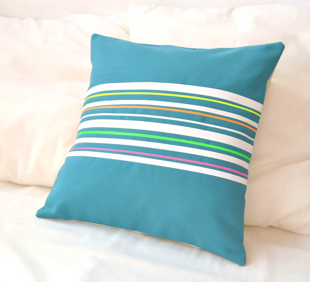 Pillow cover in emerald cotton and neon stripes