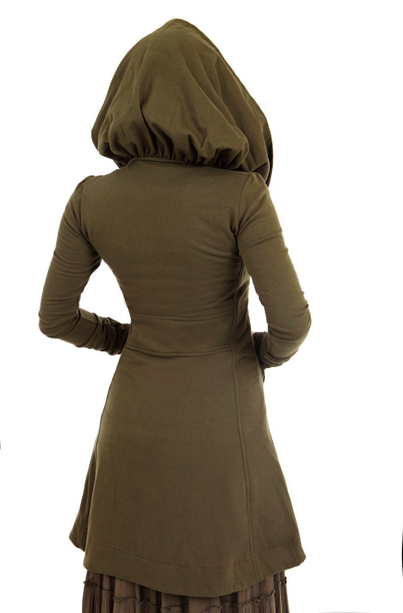 Olive green women hoodie, long classy gorgeous silhouette with a generous hood all sizes