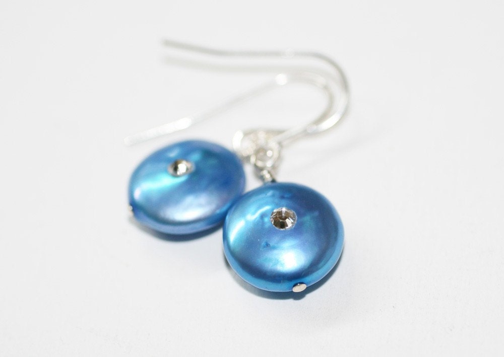Bulls Eye Swarovski Crystal Coin Freshwater Pearl and Sterling Silver Handmade Earrings