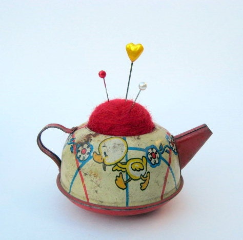 Pin Cushion - Needle Felted - In Vintage Tin Toy Teapot - Red