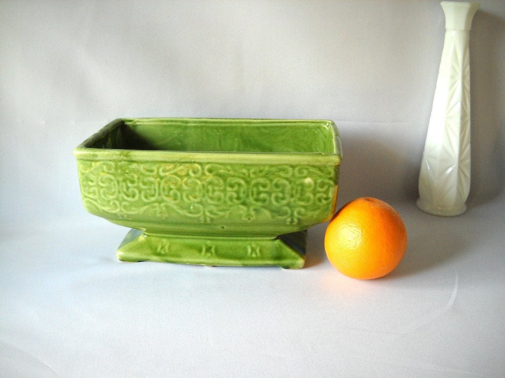 Vintage Planter Pottery Vase Green Moss Green Rectangular Mid Century Modern Scroll Design Pedestal