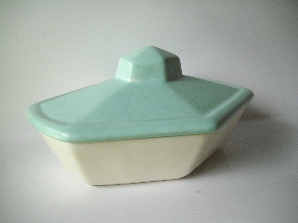 Vintage Bowl Aqua Dish Geometric Lidded Ceramic Dish Retro Mid Century Modern Teal Blue