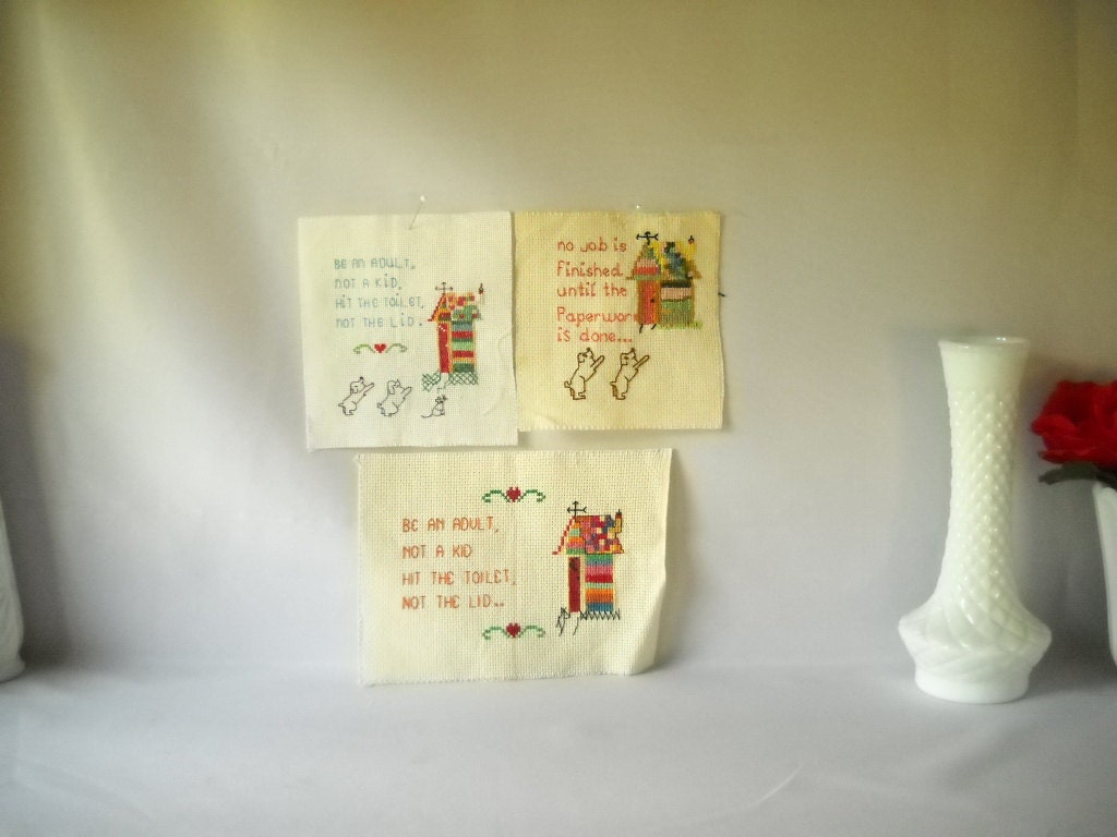 Vintage Needlepoint Cross Stitch Pillow Top Outhouse Country Toilet Humor Set of 3
