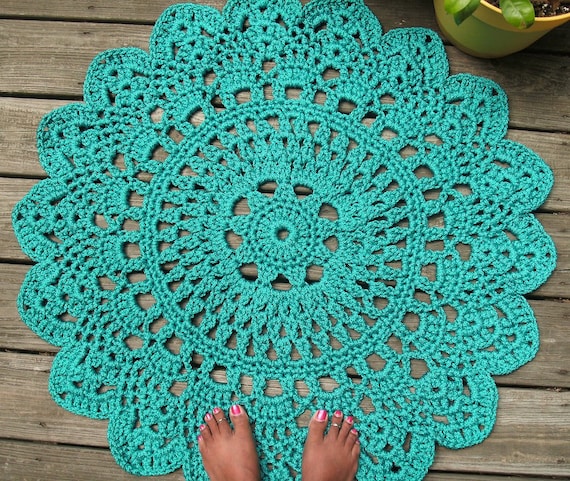 Turquoise Patio Porch Cord Crochet Rug in 35" Round Pineapple Pattern READY TO SHIP