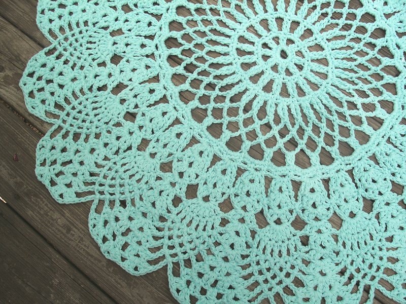 Robins Egg Blue Cotton Crochet Rug in Large Circle Pineapple Lacy Pattern Non Skid