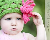 Scalloped BOUQUET BEANIE Lime Skull Hat Crochet with 6 Interchangable DAISY flowers-Upick Size-Great Photo Prop