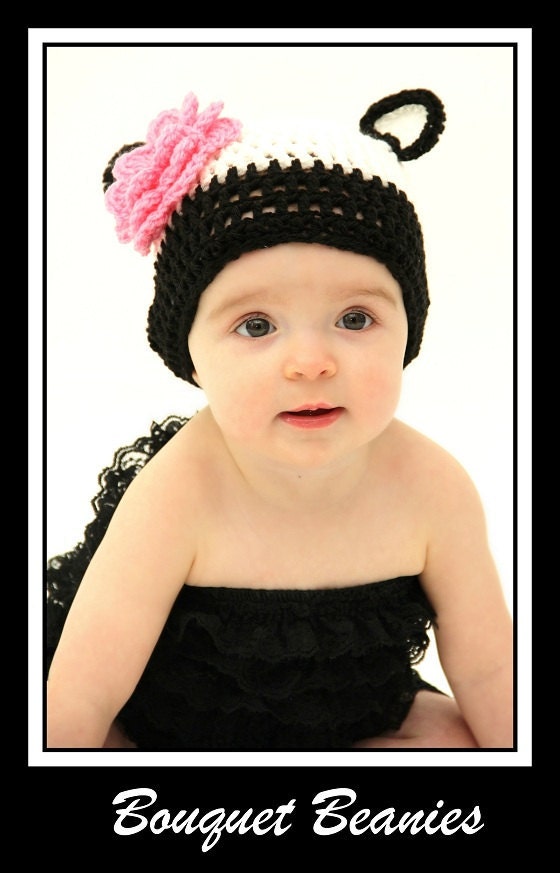 PANDA BOUQUET BEANIE Skull Hat with Interchangeable Flower Crochet UPick SIze...Great Photo Prop