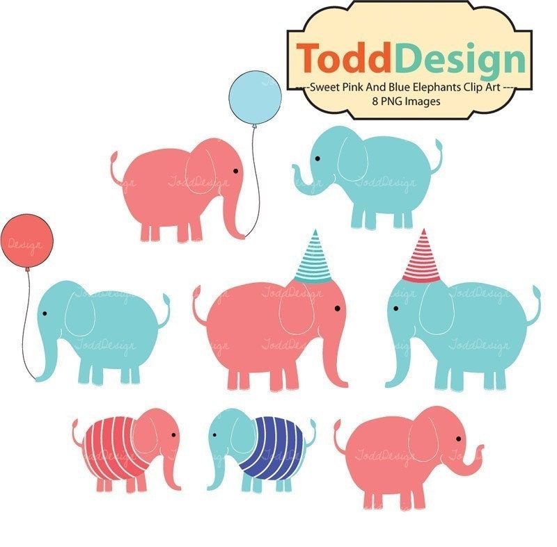 Sweet Pink And Blue Elephants Clip Art (set of 8)  for card making, digital scrapbooking,graphic design and paper goods