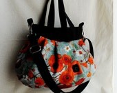 Cross Body Pleated Bag (SMALL) w/ Adjustable Strap - Large Poppies in Teal