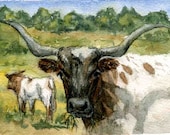 Long Horn Cow and her calf - Thats My Baby - print of my watercolor painting