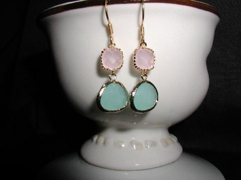 Pale Pink and Seafoam Crystal Dangle Earrings