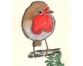 Robin Bird Art -  Little Round Robin drawing (4" X 6" print)