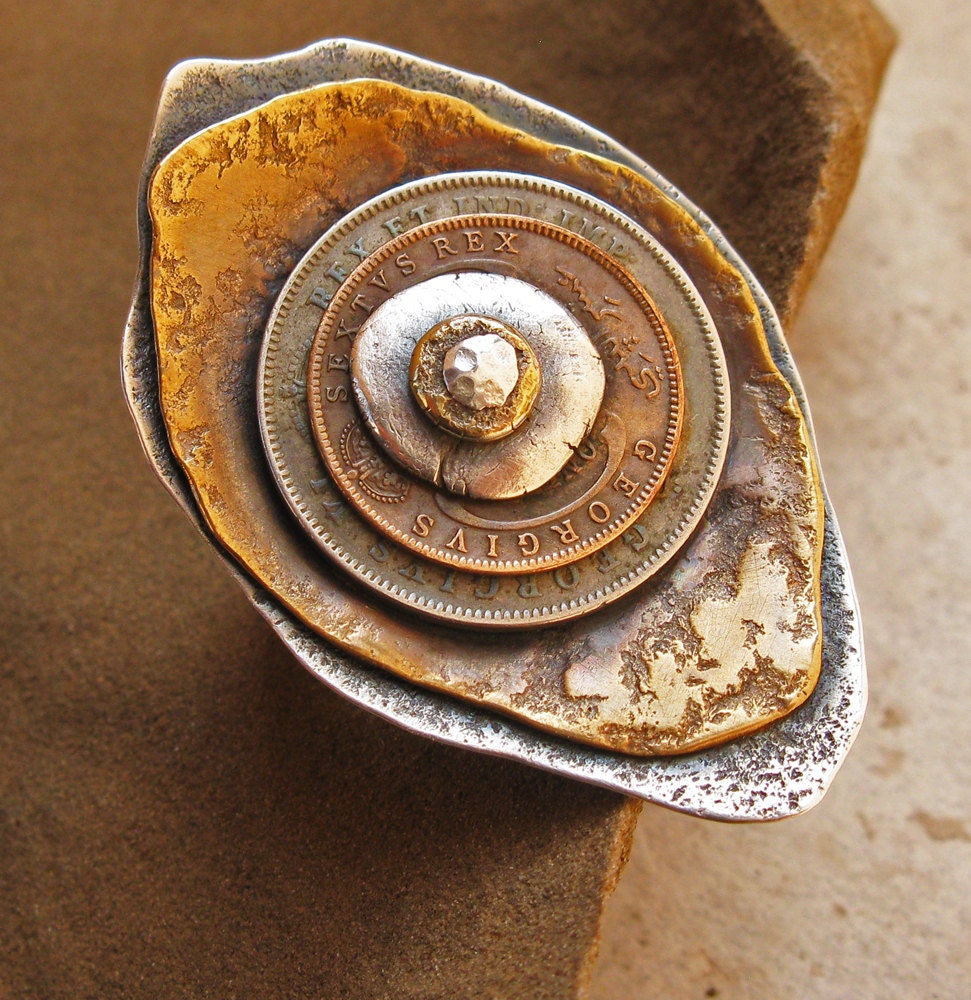 Stacked and Riveted Eye Ring with Vintage Coins, Bronze, Fine Silver